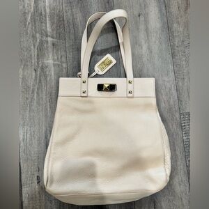 Badgley Mischka Cream Pebbled Leather Tote | Gold Hardware